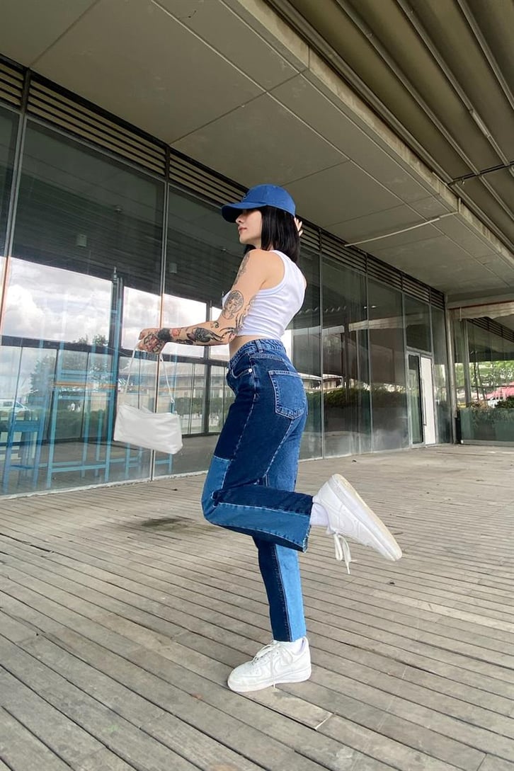 Parçalı Mavi Regular Fit Jean