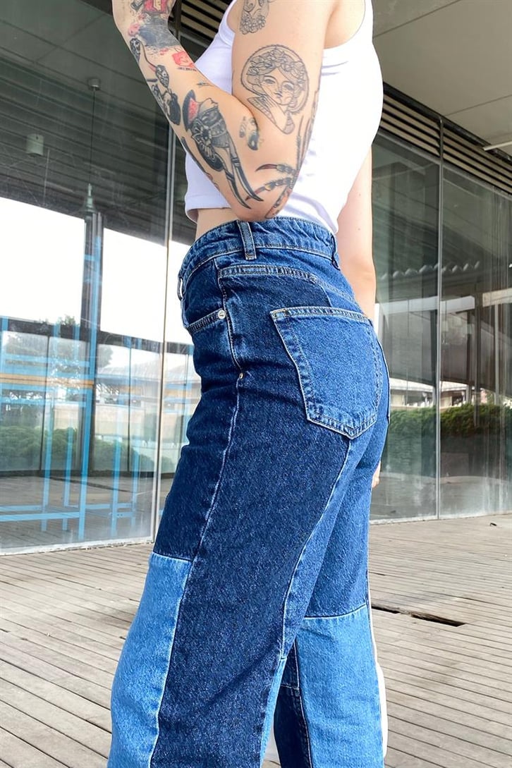 Parçalı Mavi Regular Fit Jean
