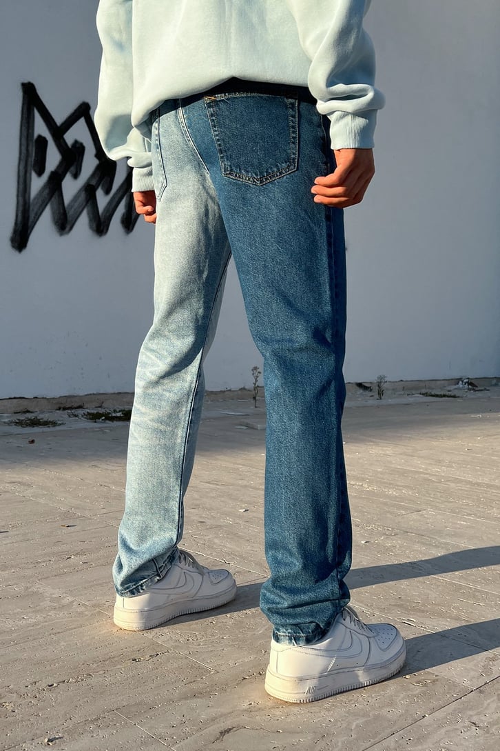 Parçalı Mavi Regular Fit Jean