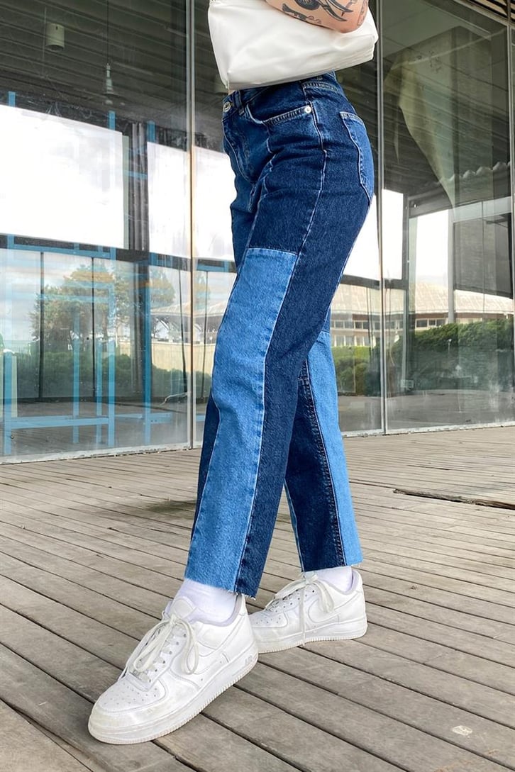 Parçalı Mavi Regular Fit Jean