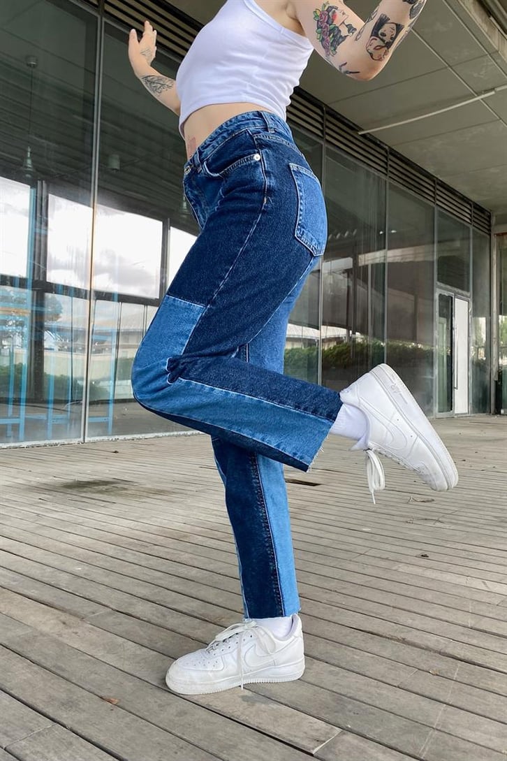 Parçalı Mavi Regular Fit Jean