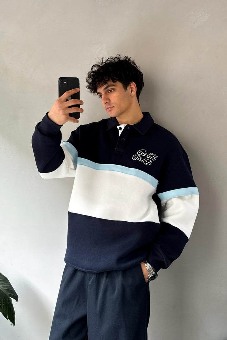 Parçalı Nakışlı Polo Yaka Sweatshirt