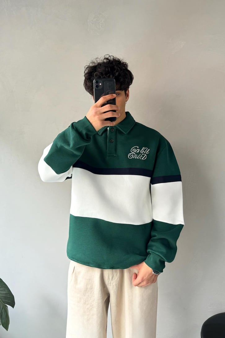 Parçalı Nakışlı Polo Yaka Sweatshirt