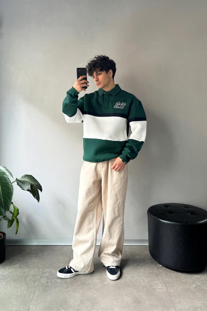 Parçalı Nakışlı Polo Yaka Sweatshirt