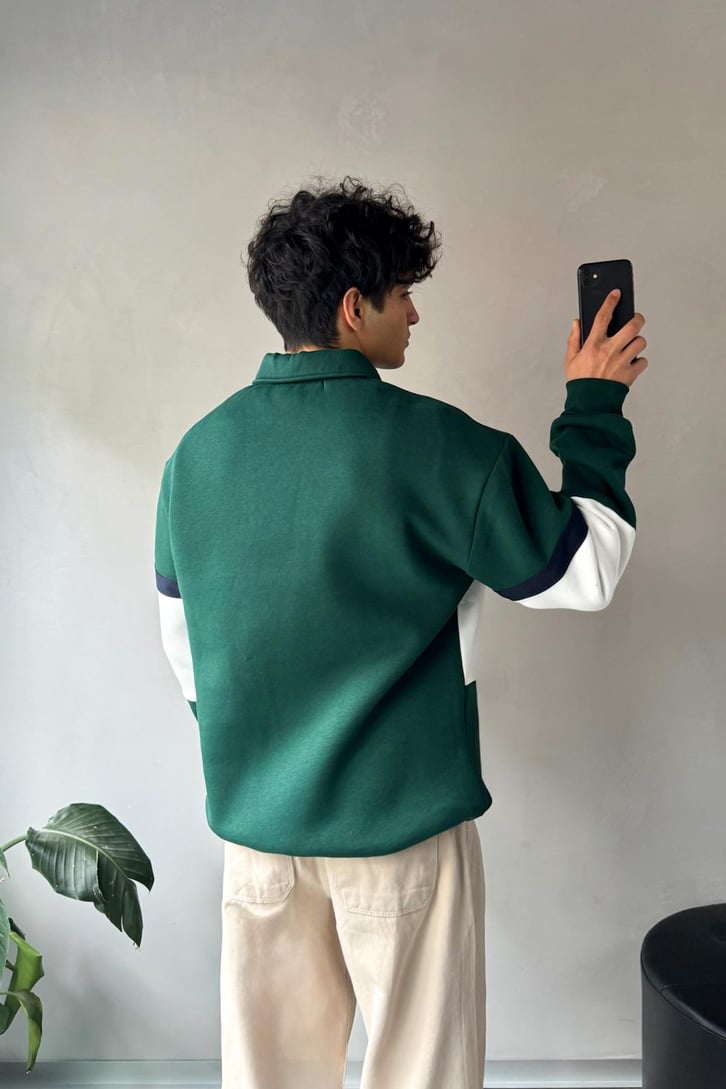 Parçalı Nakışlı Polo Yaka Sweatshirt