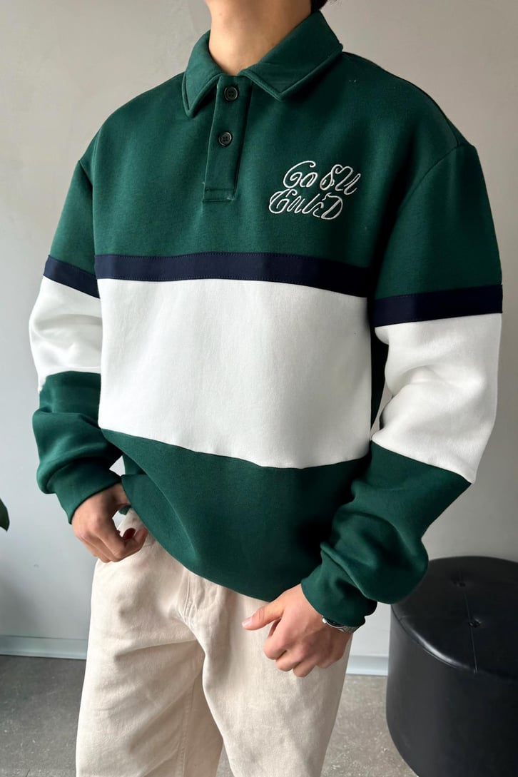 Parçalı Nakışlı Polo Yaka Sweatshirt