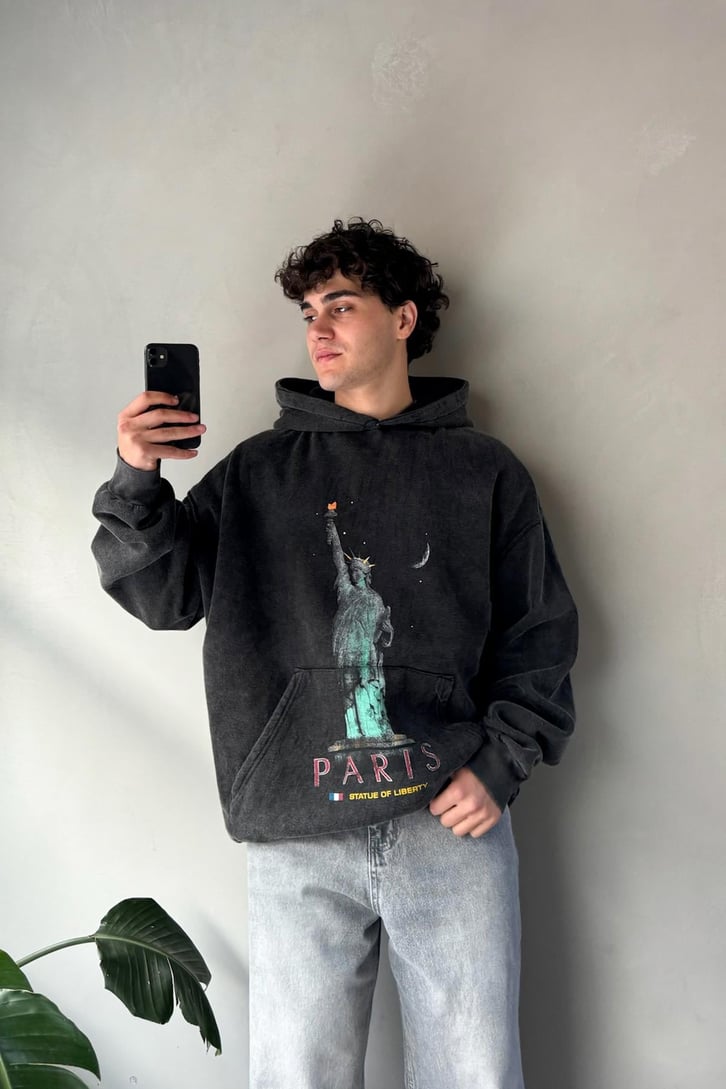 Paris Baskılı Oversize Hoodie
