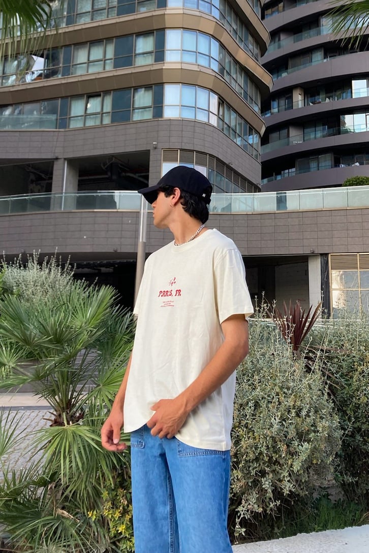 Paris Fr Baskılı Krem Oversize Tshirt