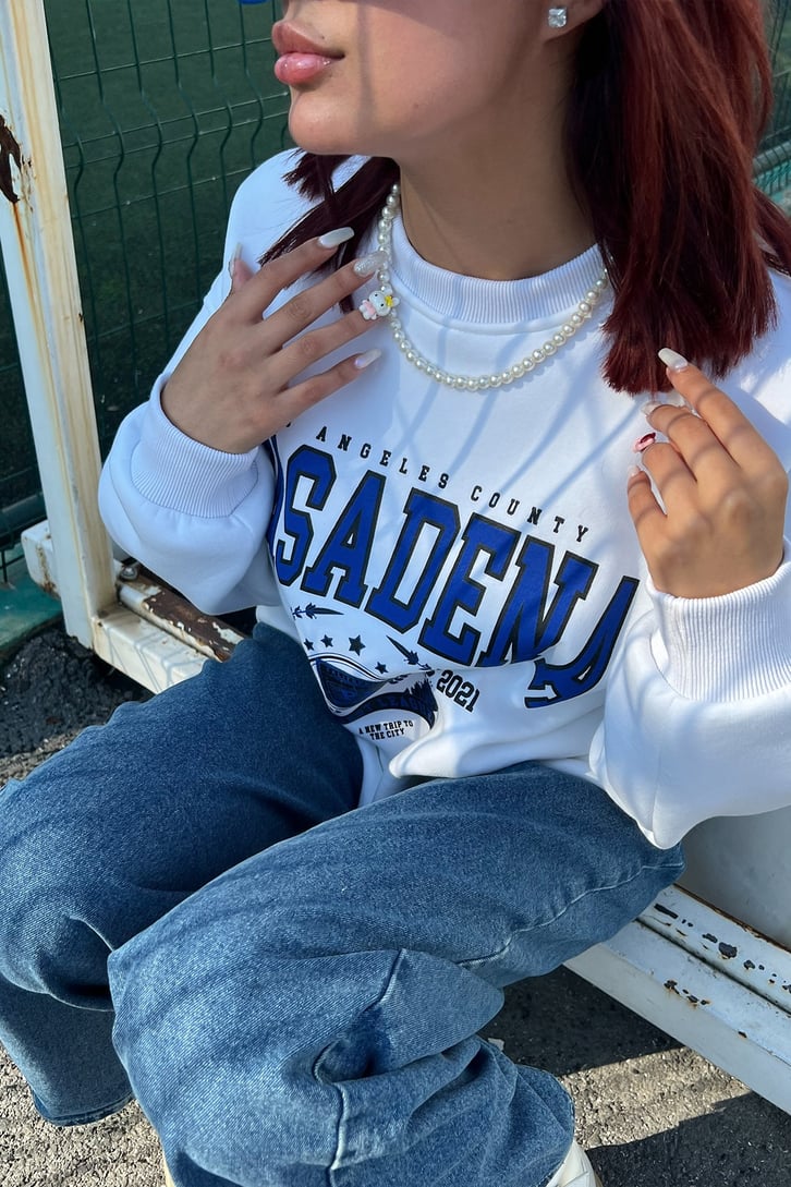 Pasadena Baskılı Beyaz Sweatshirt