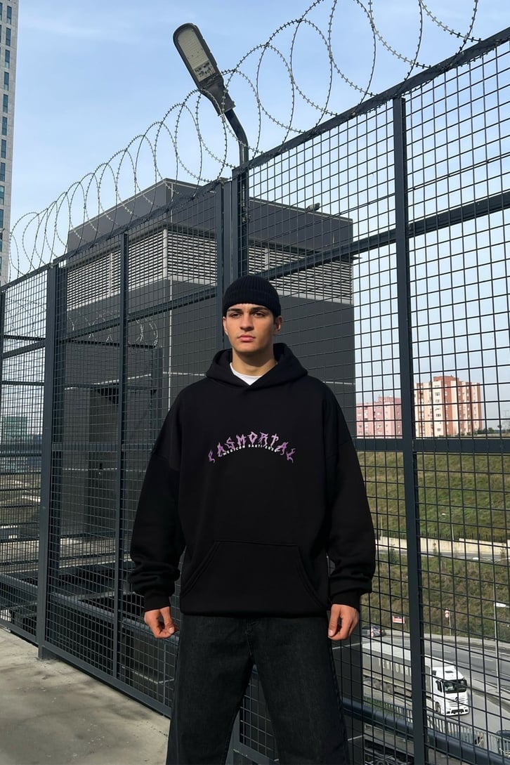 Pasmortal Baskılı Siyah Oversize Hoodie