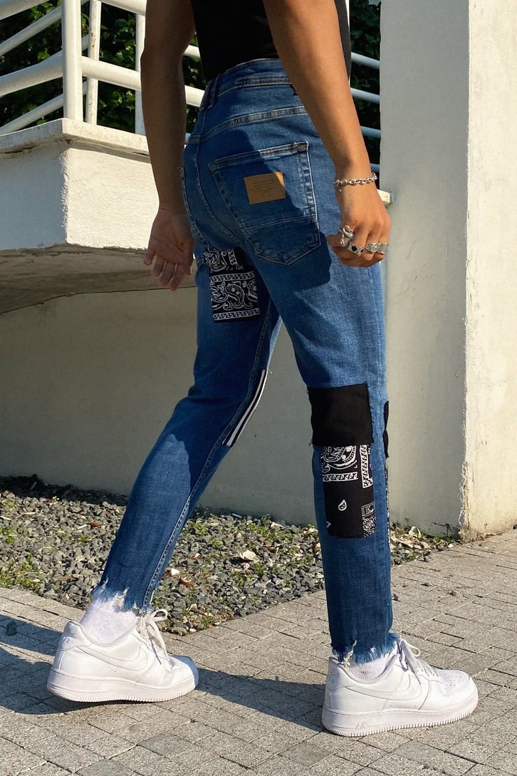 Patch Detay Püsküllü Mavi Skinny Fit Jean
