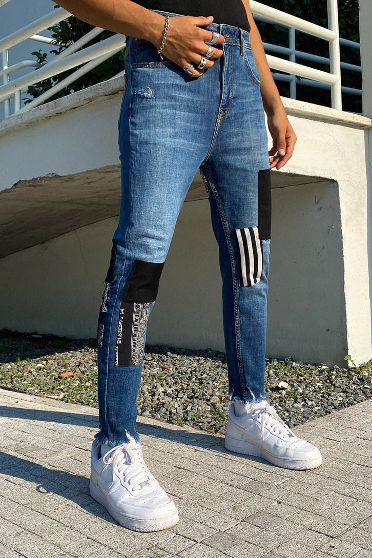 Patch Detay Püsküllü Mavi Skinny Fit Jean