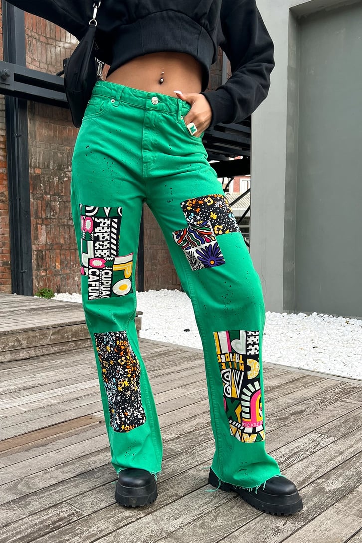 Patch Detay Yeşil Baggy Jean