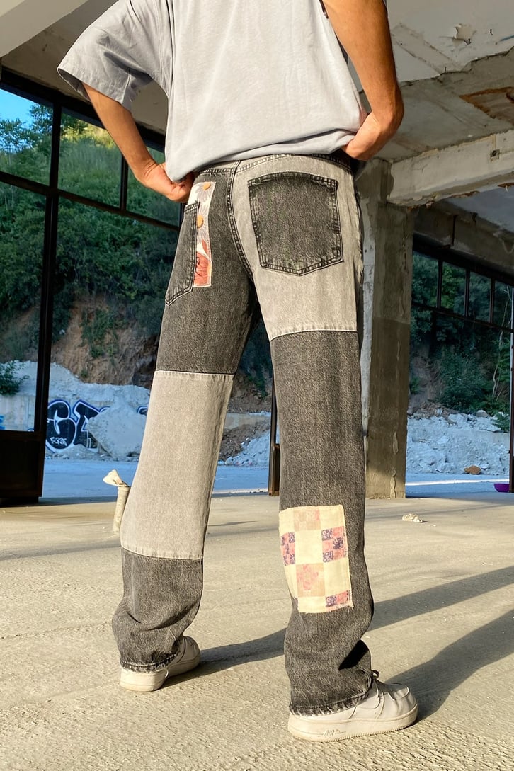Patch Flowers Detay Antrasit Baggy Jean