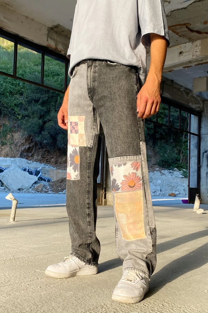 Patch Flowers Detay Antrasit Baggy Jean