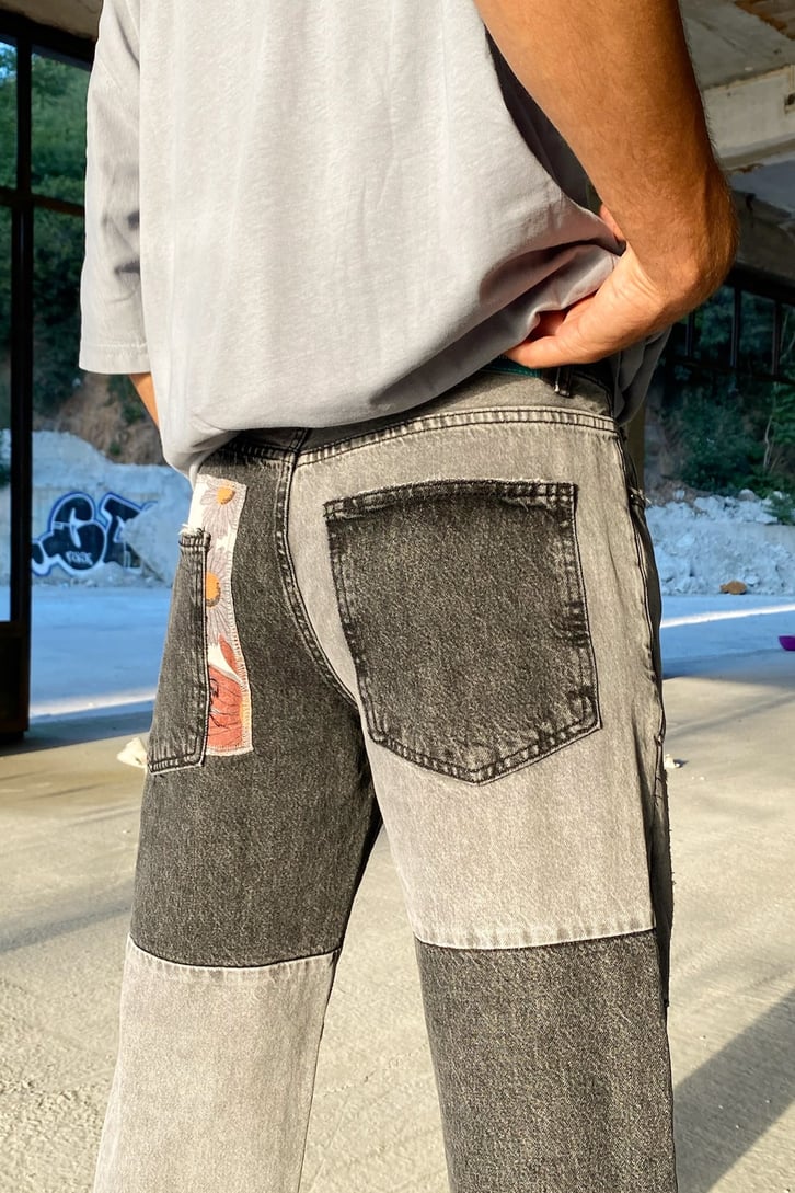 Patch Flowers Detay Antrasit Baggy Jean