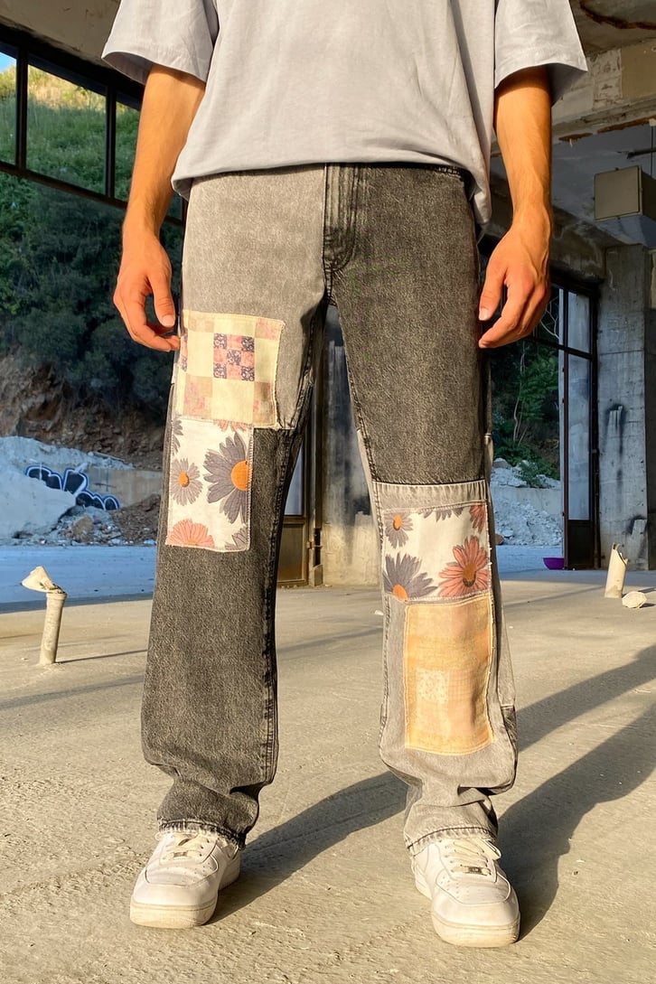 Patch Flowers Detay Antrasit Baggy Jean