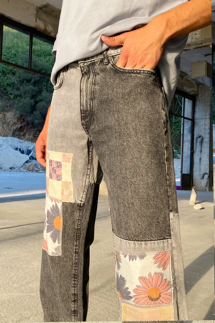 Patch Flowers Detay Antrasit Baggy Jean