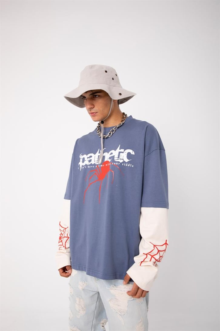 Pathenic Baskılı Mavi Oversize Long Sleeve Tişört