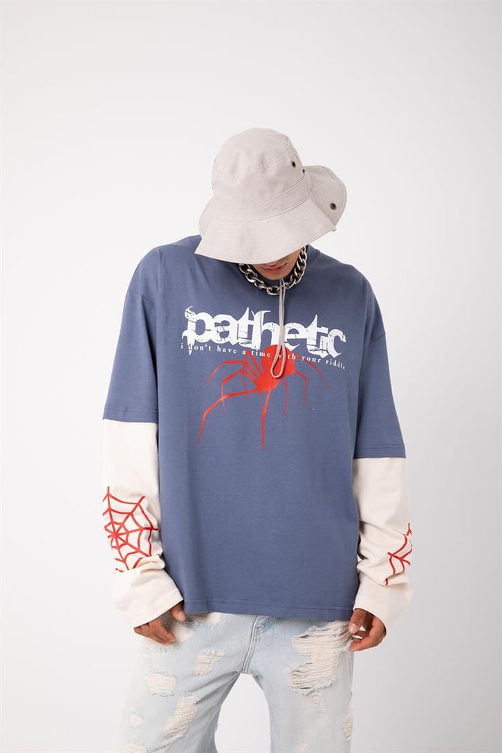 Pathenic Baskılı Mavi Oversize Long Sleeve Tişört