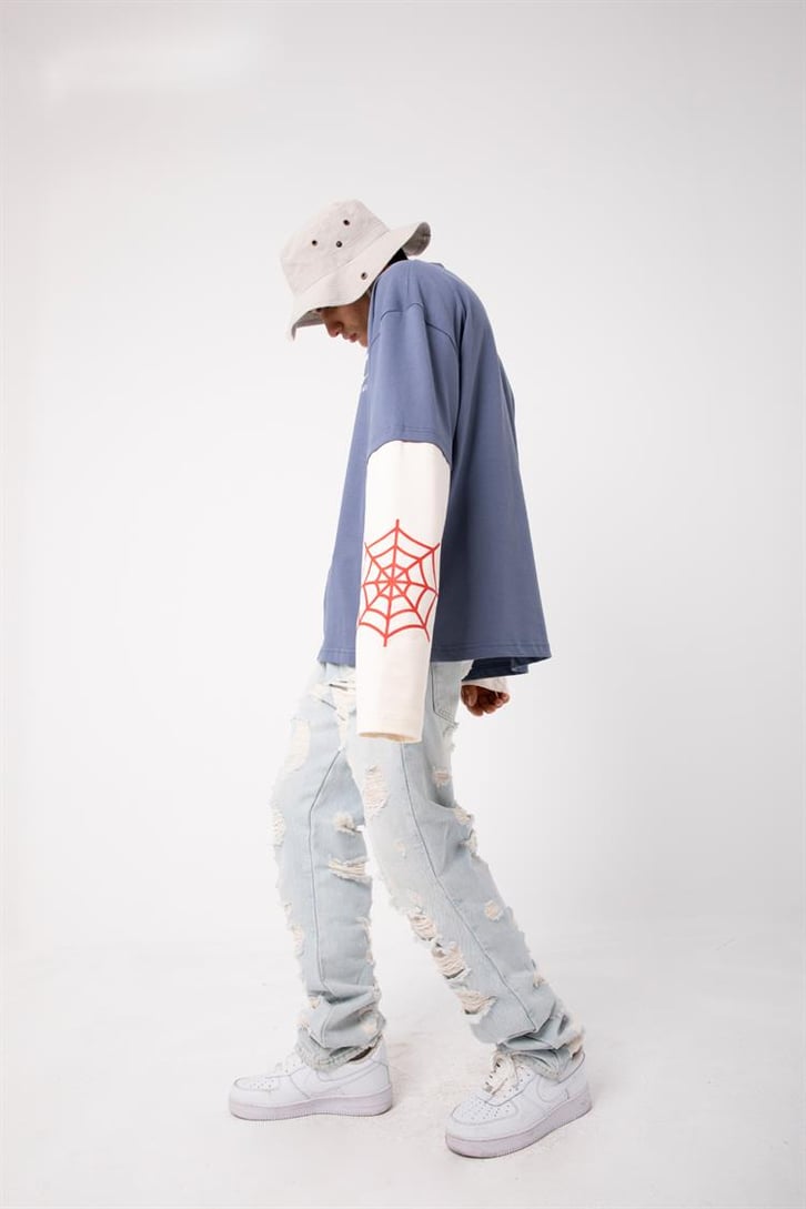 Pathenic Baskılı Mavi Oversize Long Sleeve Tişört