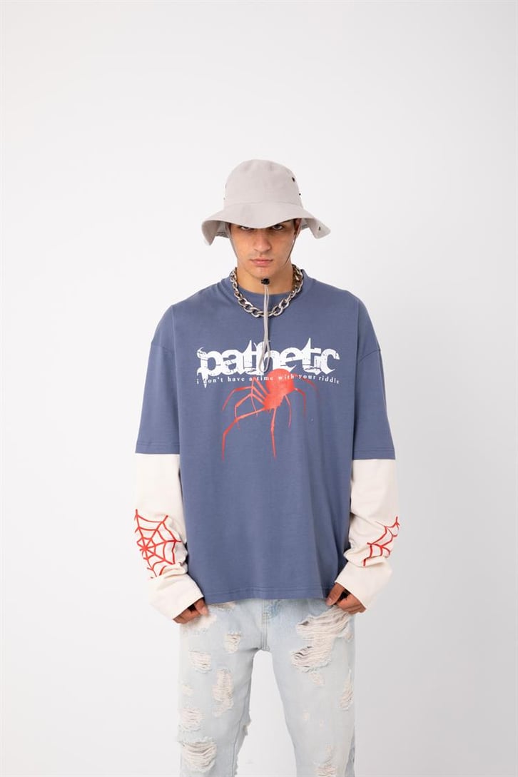 Pathenic Baskılı Mavi Oversize Long Sleeve Tişört