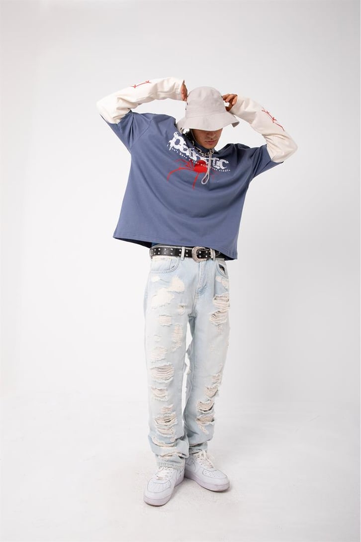 Pathenic Baskılı Mavi Oversize Long Sleeve Tişört