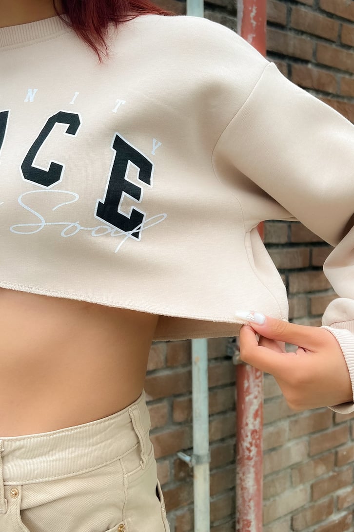 Peace Baskılı Taş Rengi Crop Sweatshirt