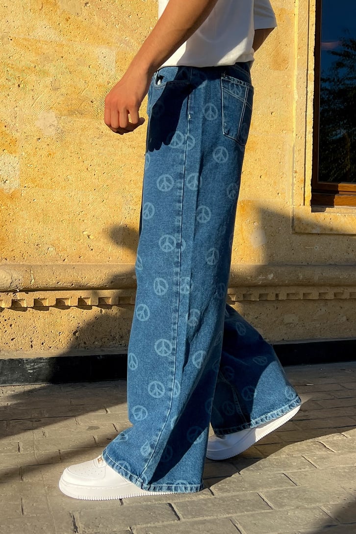 Peace Icon Baskılı Mavi Baggy Jean