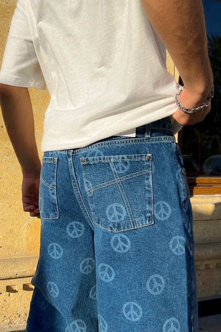 Peace Icon Baskılı Mavi Baggy Jean