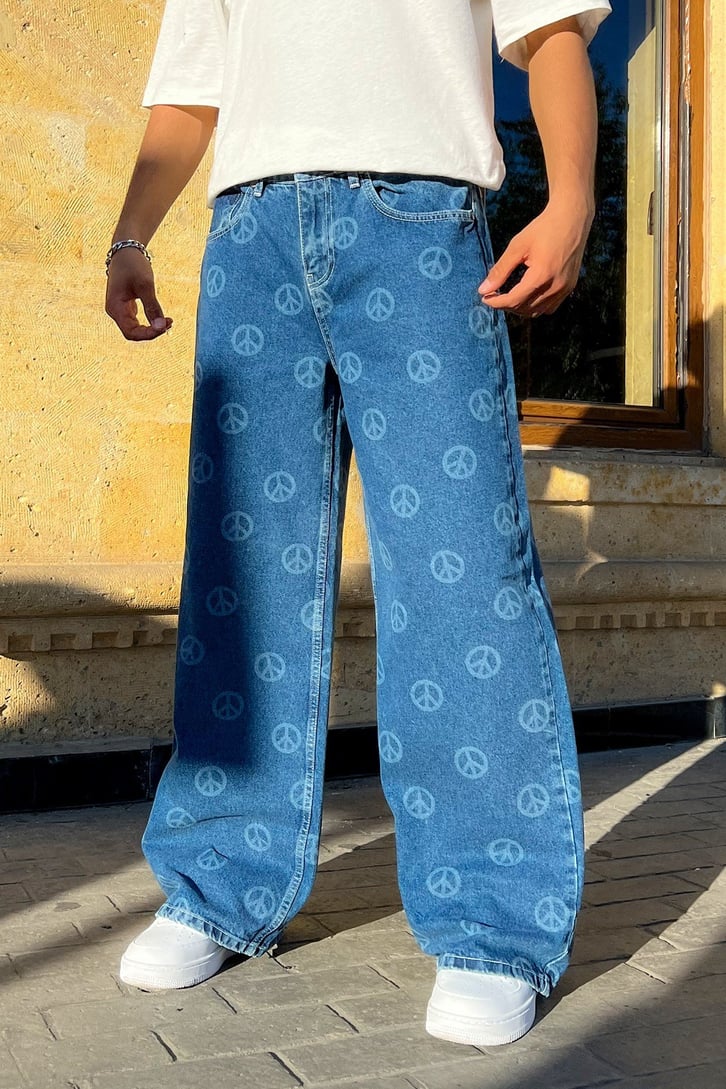 Peace Icon Baskılı Mavi Baggy Jean