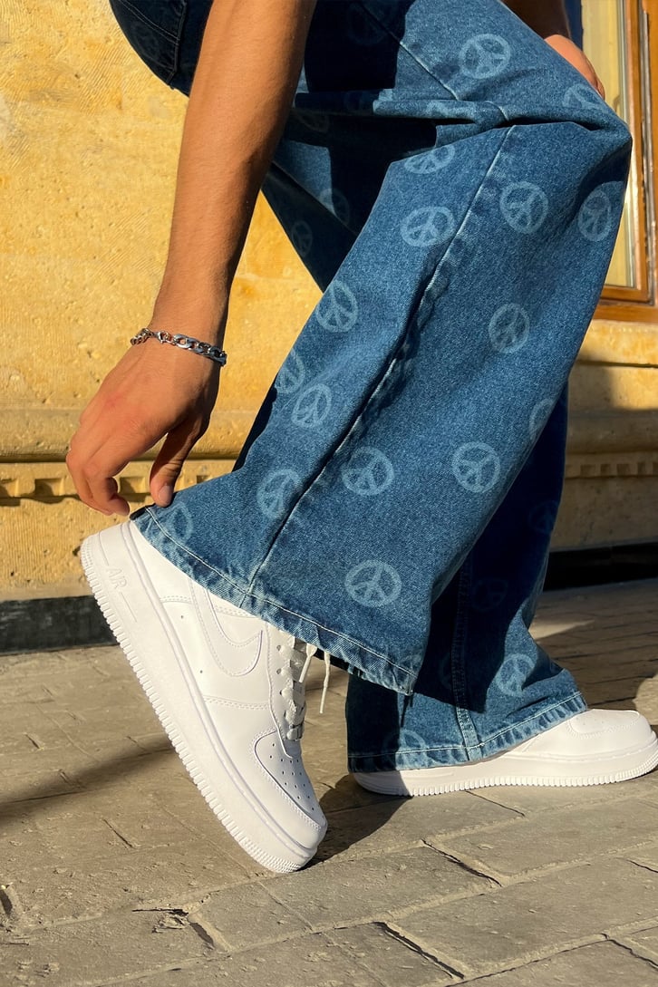 Peace Icon Baskılı Mavi Baggy Jean