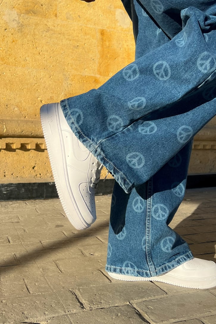 Peace Icon Baskılı Mavi Baggy Jean