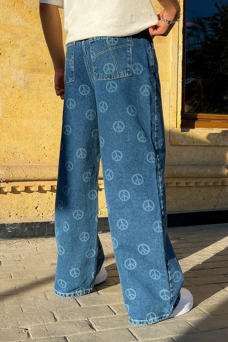 Peace Icon Baskılı Mavi Baggy Jean