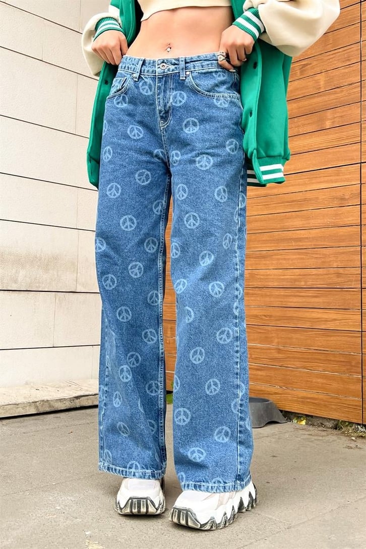 Peace Icon Baskılı Mavi Baggy Jean