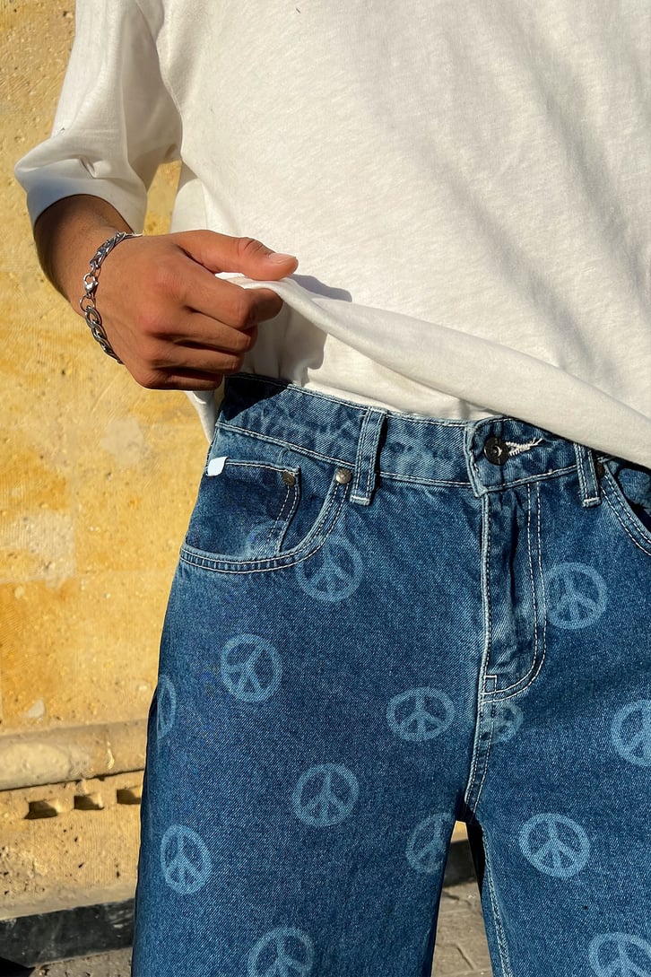 Peace Icon Baskılı Mavi Baggy Jean
