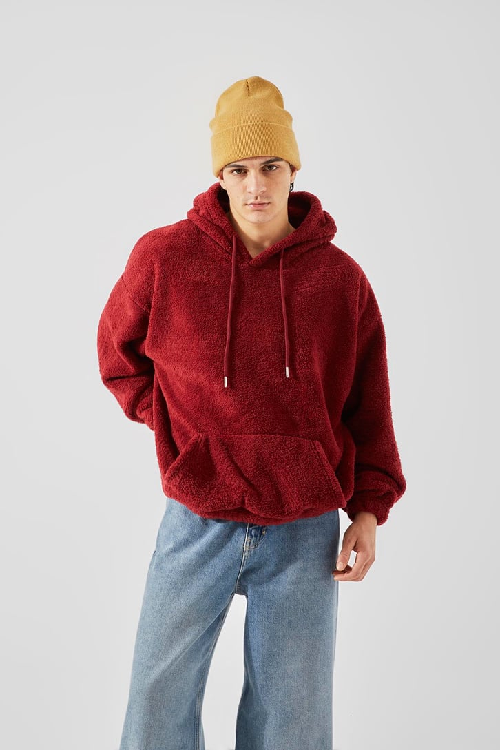 Peluş Bordo Oversize Hoodie
