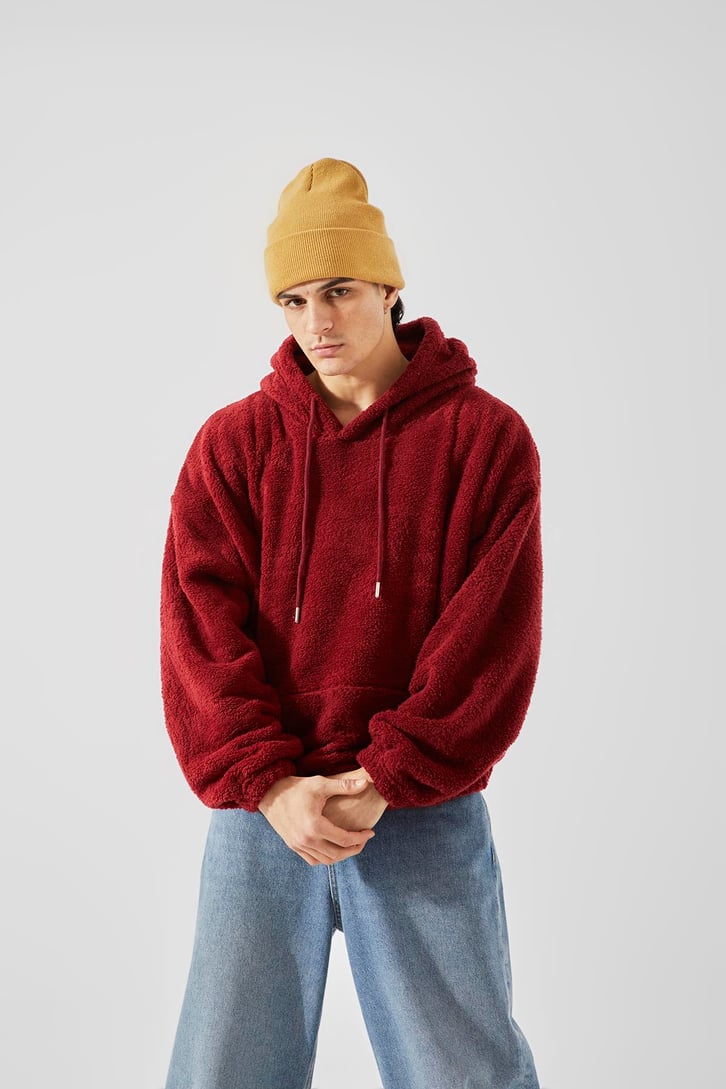 Peluş Bordo Oversize Hoodie