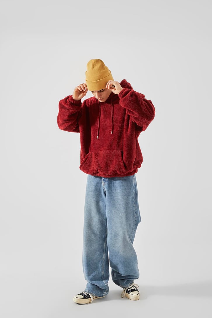 Peluş Bordo Oversize Hoodie