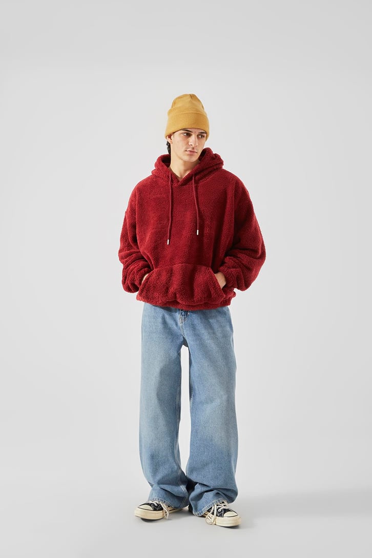 Peluş Bordo Oversize Hoodie