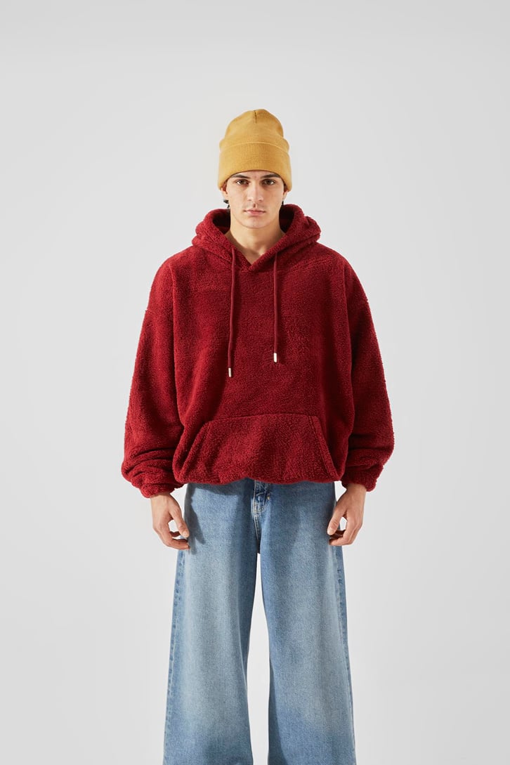 Peluş Bordo Oversize Hoodie
