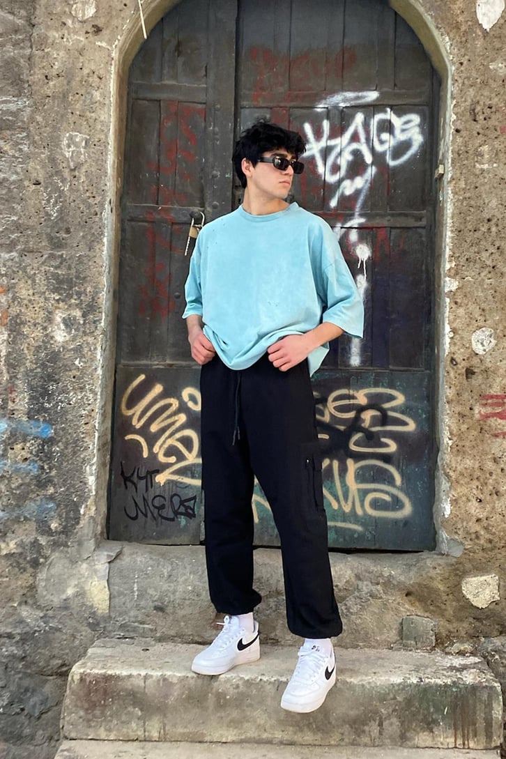 Perforated Water Green Basıc Oversize Tshırt