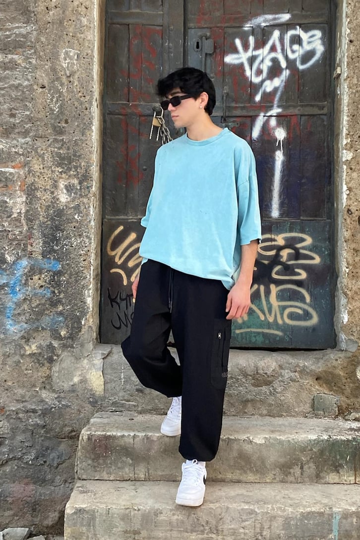 Perforated Water Green Basıc Oversize Tshırt