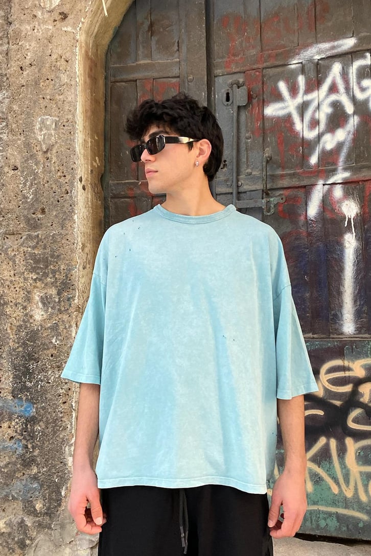Perforated Water Green Basıc Oversize Tshırt