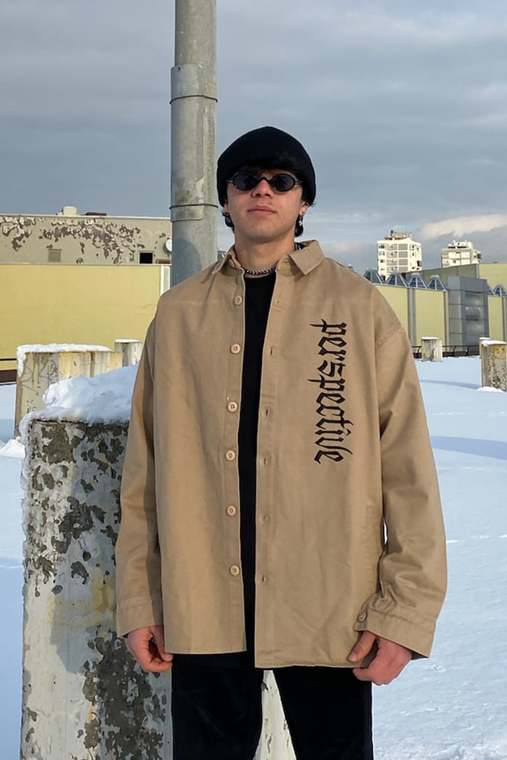 Perspective Front Printed Soft Brown Oversize Gömlek Ceket