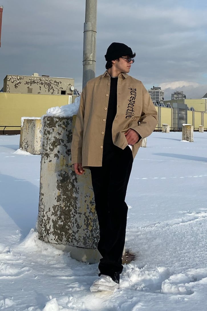 Perspective Front Printed Soft Brown Oversize Gömlek Ceket
