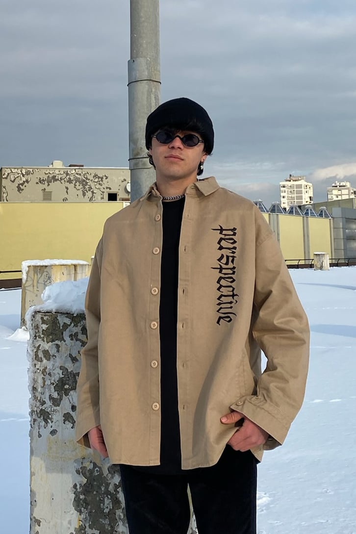 Perspective Front Printed Soft Brown Oversize Gömlek Ceket