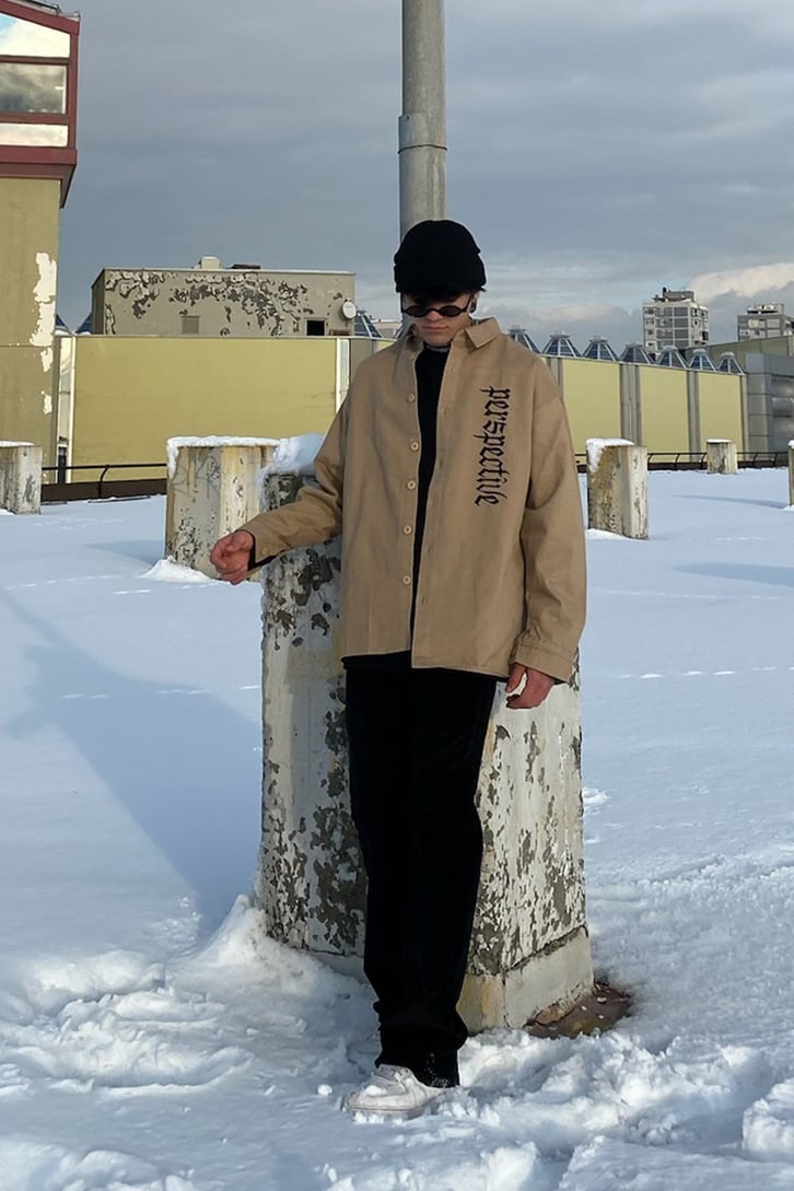 Perspective Front Printed Soft Brown Oversize Gömlek Ceket