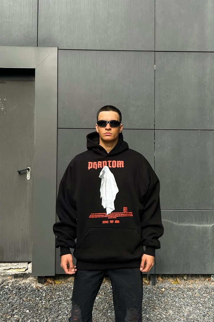 Phantom Baskılı Siyah İçi Pamuklu Oversize Hoodie