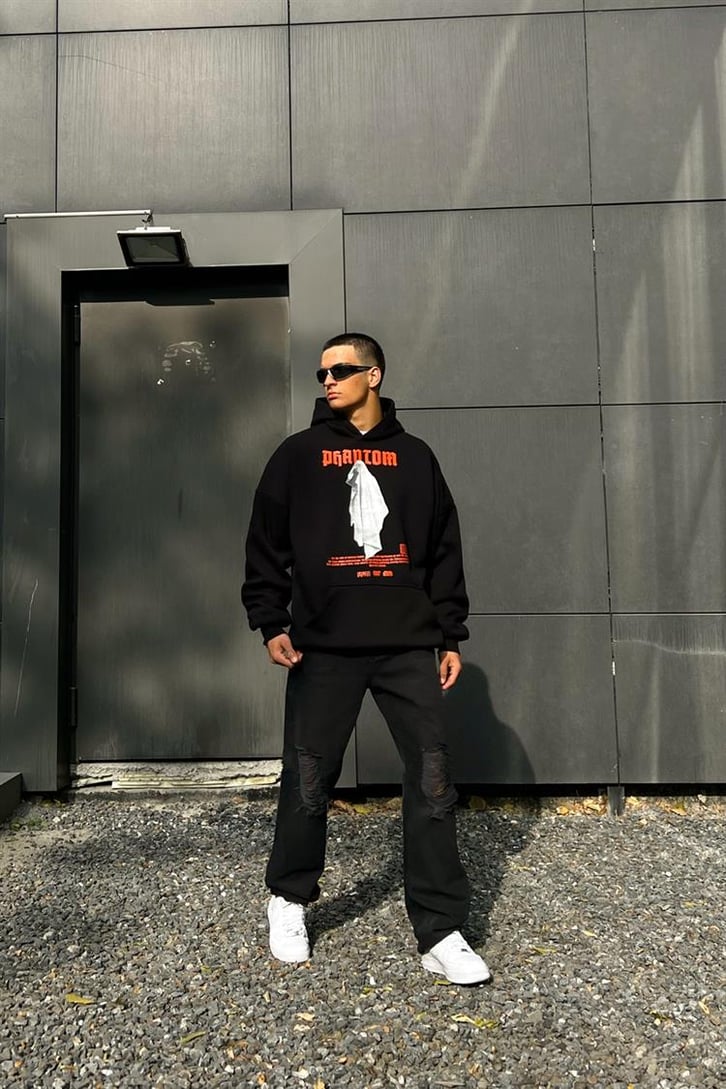 Phantom Baskılı Siyah İçi Pamuklu Oversize Hoodie